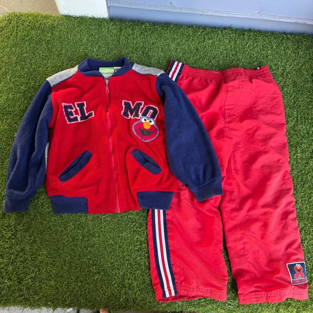 Vtg Sesame Street Elmo Toddler Boys 4T Fleece Varsity Jacket and Track Pants Set